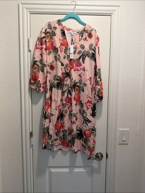 Chico's Pink Floral Short Dress with Green Leaf Print